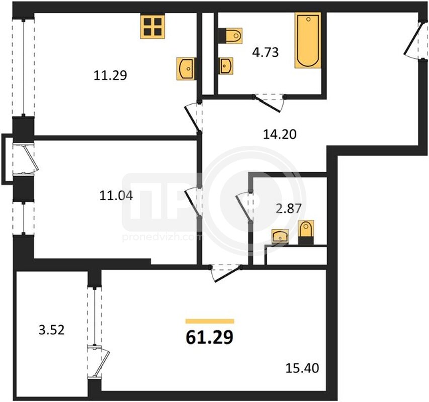 2-комнатная квартира, 61.29кв.м