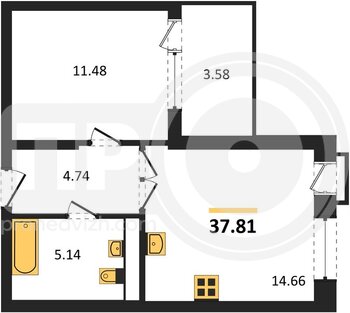 Миниатюра 1-комнатная квартира, 37.81кв.м