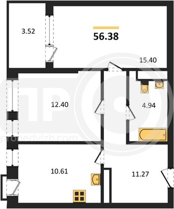 Миниатюра 2-комнатная квартира, 56.38кв.м