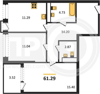 Миниатюра 2-комнатная квартира, 61.29кв.м