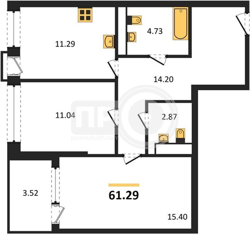 2-комнатная квартира, 61.29кв.м