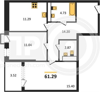 Миниатюра 2-комнатная квартира, 61.29кв.м