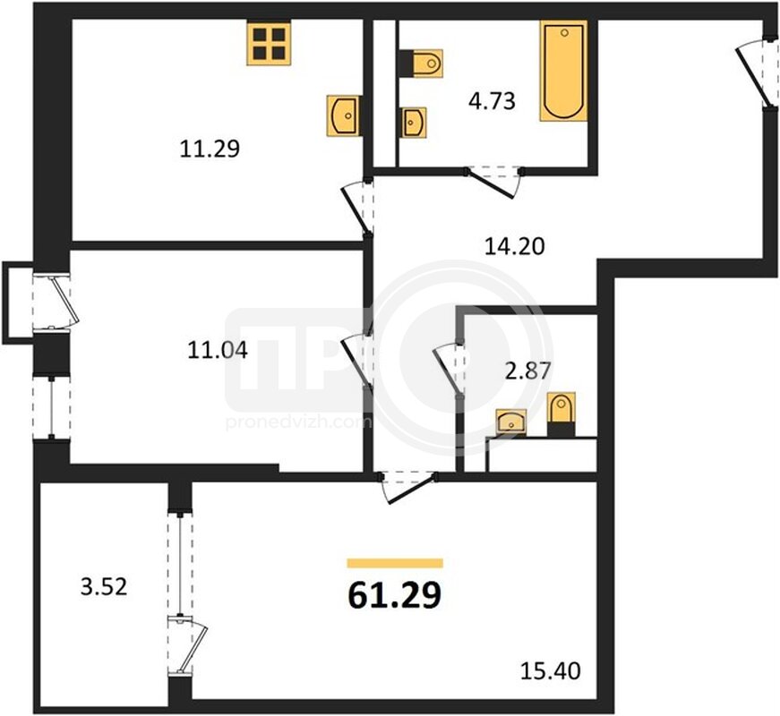 2-комнатная квартира, 61.29кв.м
