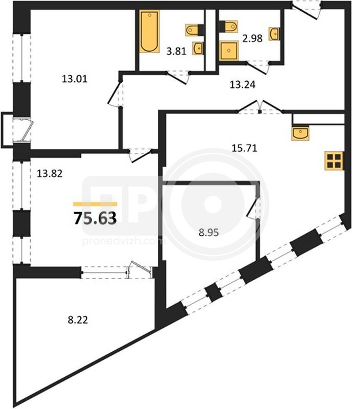 3-комнатная квартира, 75.63кв.м