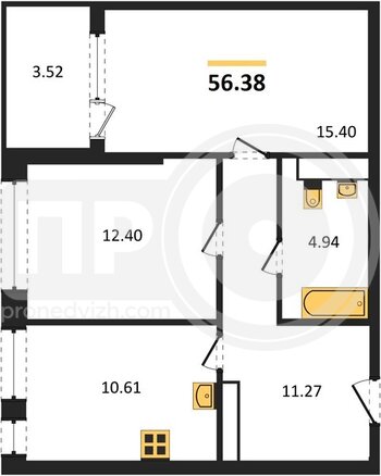 Миниатюра 2-комнатная квартира, 56.38кв.м