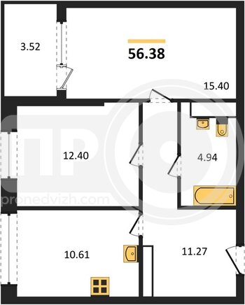 Миниатюра 2-комнатная квартира, 56.38кв.м