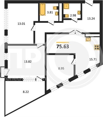 Миниатюра 3-комнатная квартира, 75.63кв.м