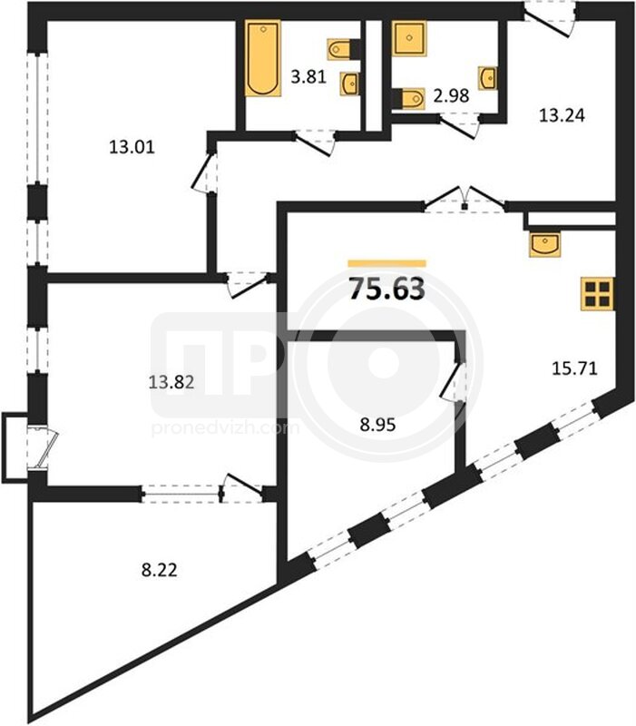 3-комнатная квартира, 75.63кв.м