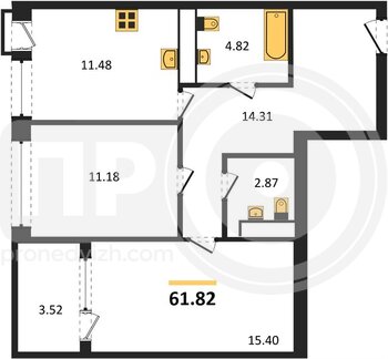 Миниатюра 2-комнатная квартира, 61.82кв.м