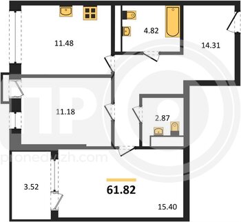 Миниатюра 2-комнатная квартира, 61.82кв.м