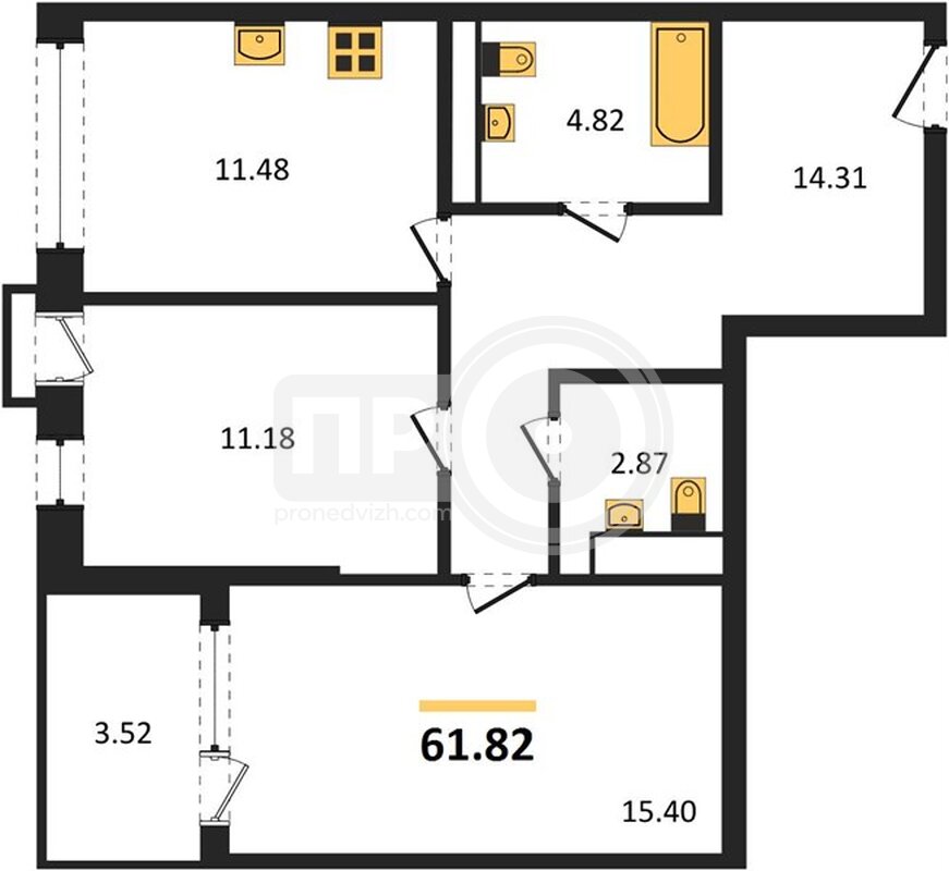 2-комнатная квартира, 61.82кв.м