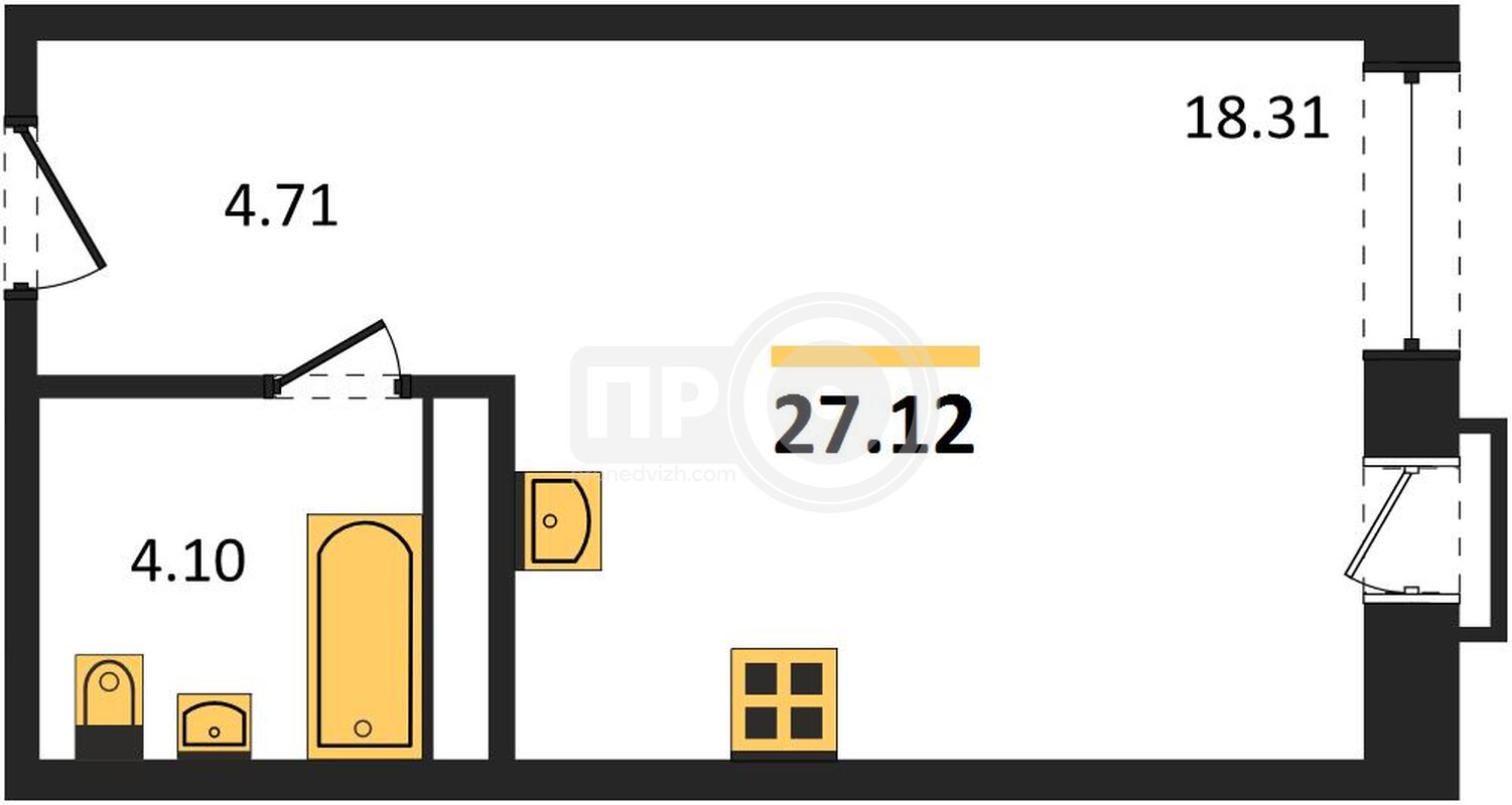 1-комнатная квартира, 27.12кв.м