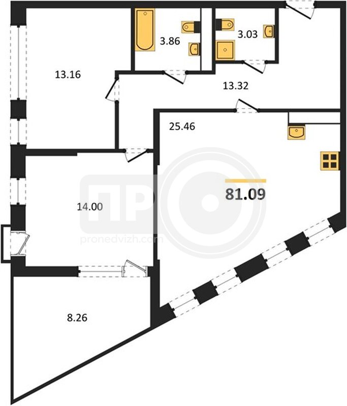 2-комнатная квартира, 76.96кв.м