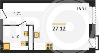 Миниатюра 1-комнатная квартира, 27.12кв.м