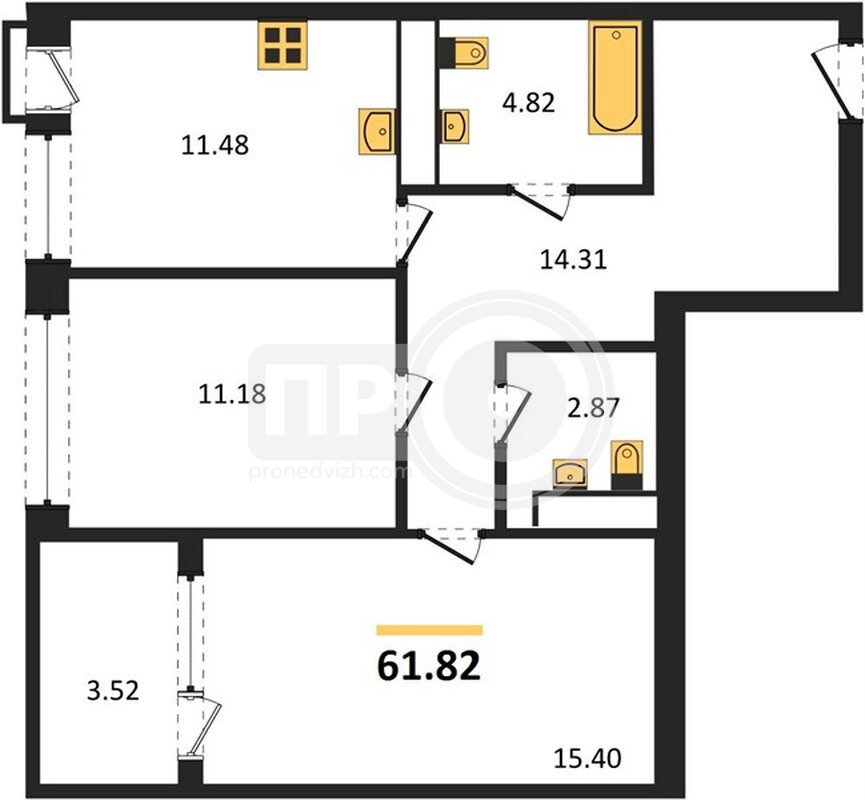 2-комнатная квартира, 61.82кв.м