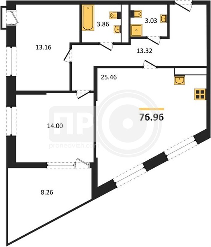 2-комнатная квартира, 76.96кв.м