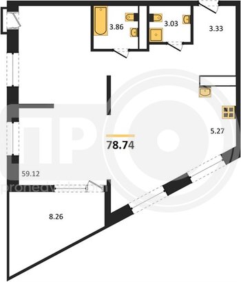 Миниатюра 3-комнатная квартира, 78.74кв.м
