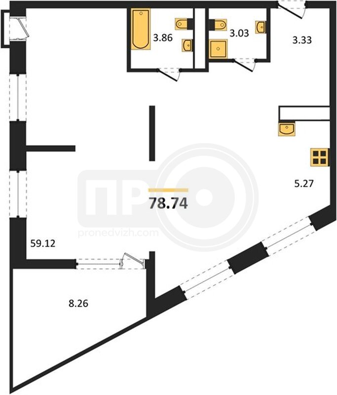 3-комнатная квартира, 78.74кв.м