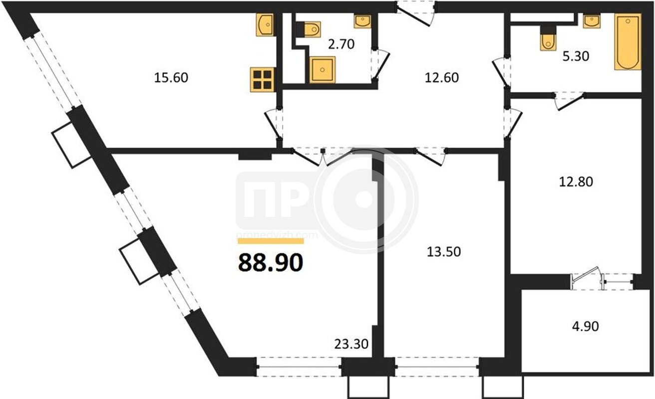 3-комнатная квартира, 88.9кв.м