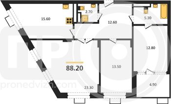 Миниатюра 3-комнатная квартира, 88.2кв.м