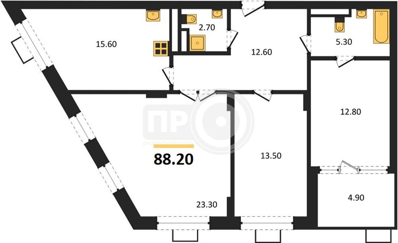 3-комнатная квартира, 88.2кв.м