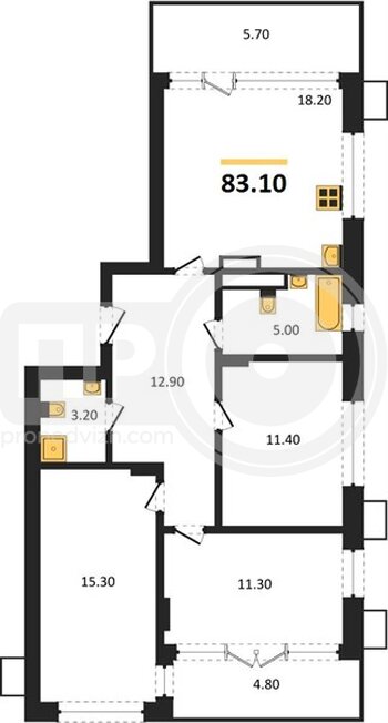 Миниатюра 3-комнатная квартира, 83.1кв.м