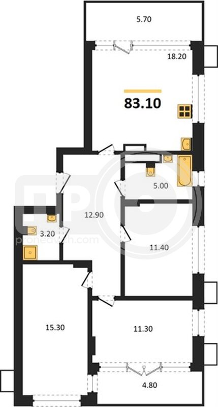 3-комнатная квартира, 83.1кв.м