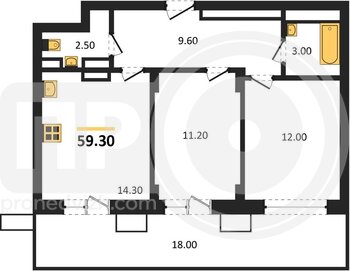 Миниатюра 2-комнатная квартира, 59.3кв.м