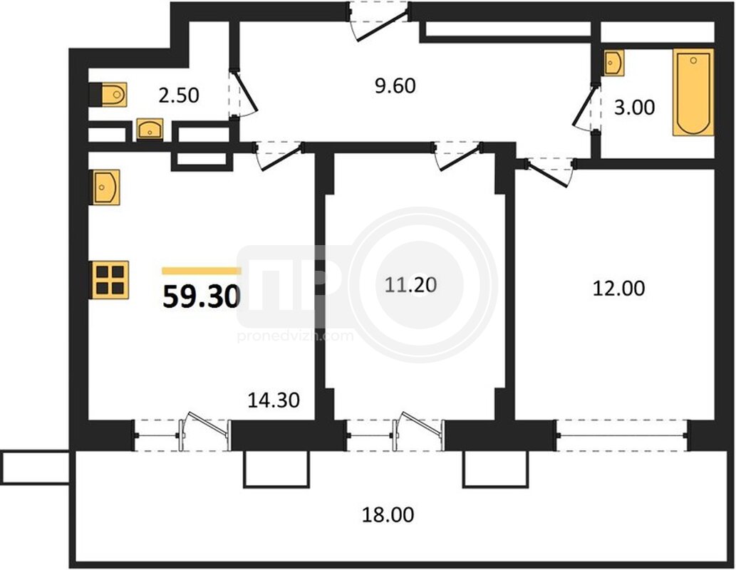 2-комнатная квартира, 59.3кв.м