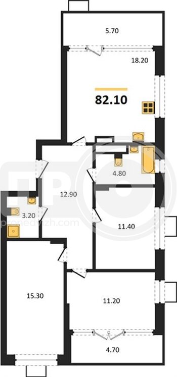 Миниатюра 3-комнатная квартира, 82.1кв.м