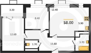 Миниатюра 2-комнатная квартира, 58кв.м