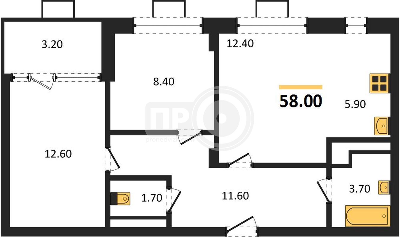 2-комнатная квартира, 58кв.м