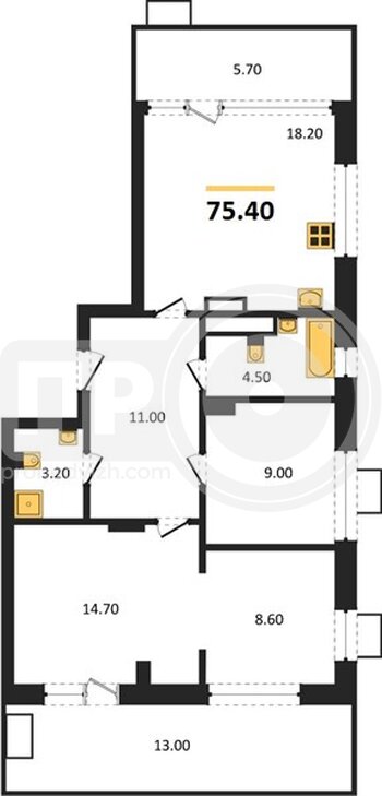 Миниатюра 3-комнатная квартира, 75.4кв.м