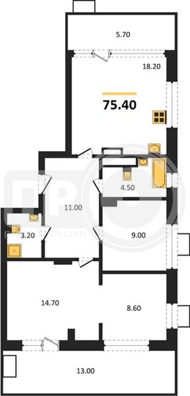 3-комнатная квартира, 75.4кв.м