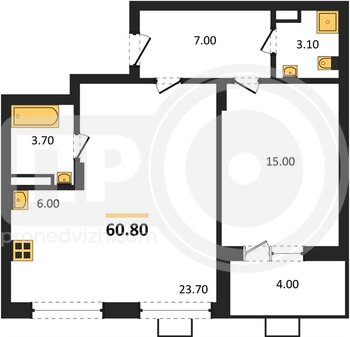 Миниатюра 1-комнатная квартира, 60.8кв.м