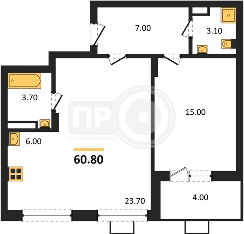 1-комнатная квартира, 60.8кв.м