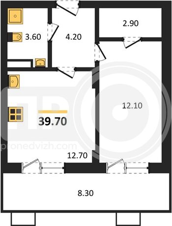 Миниатюра 1-комнатная квартира, 39.7кв.м