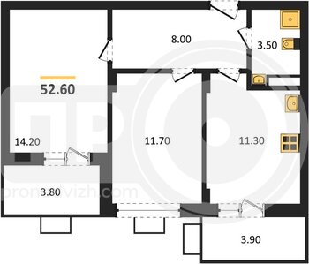 Миниатюра 2-комнатная квартира, 52.6кв.м
