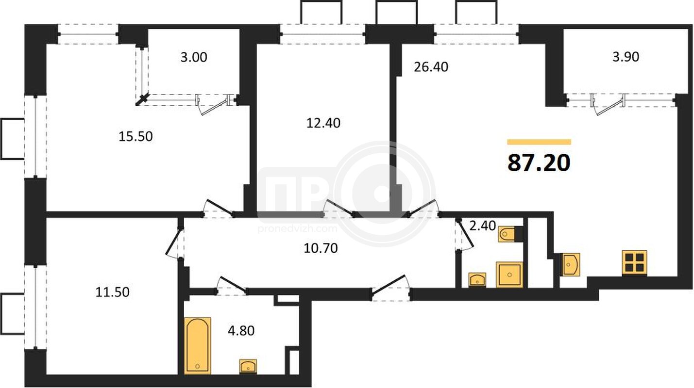 3-комнатная квартира, 87.2кв.м