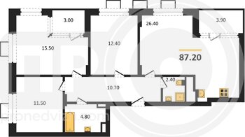 Миниатюра 3-комнатная квартира, 87.2кв.м