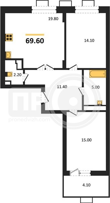 2-комнатная квартира, 69.6кв.м
