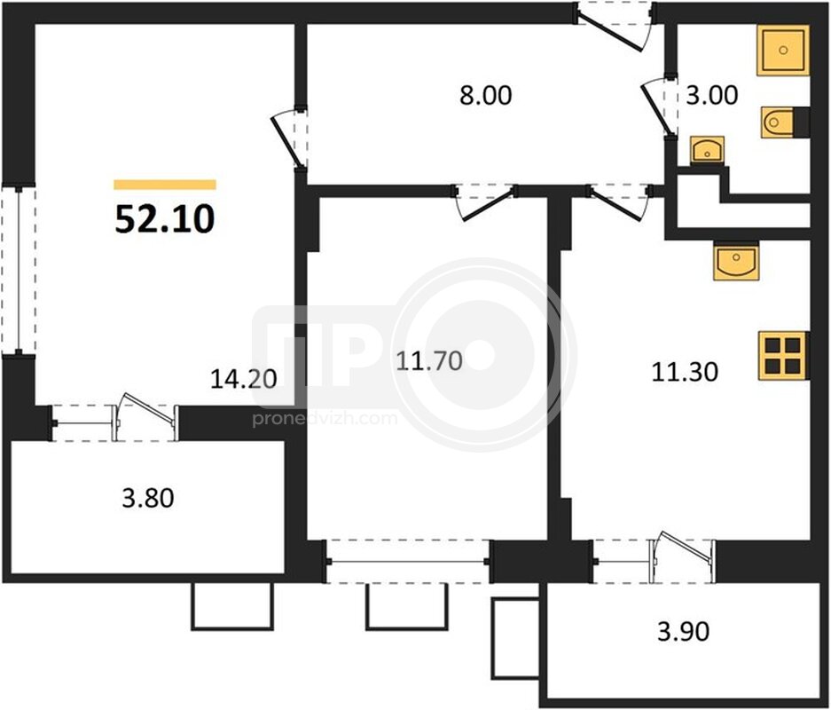 2-комнатная квартира, 52.1кв.м