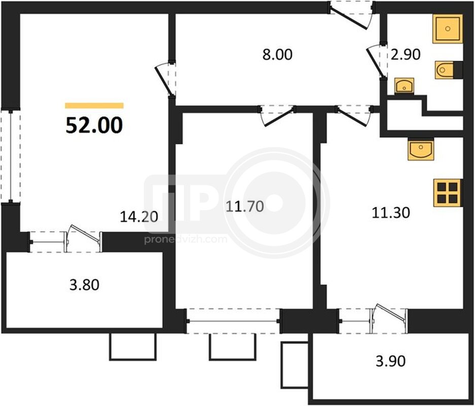 2-комнатная квартира, 52кв.м