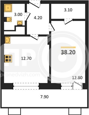 Миниатюра 1-комнатная квартира, 38.2кв.м