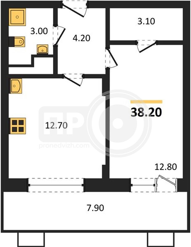 1-комнатная квартира, 38.2кв.м