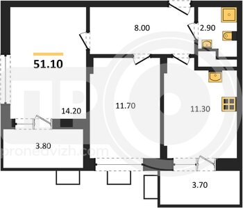 Миниатюра 2-комнатная квартира, 51.1кв.м