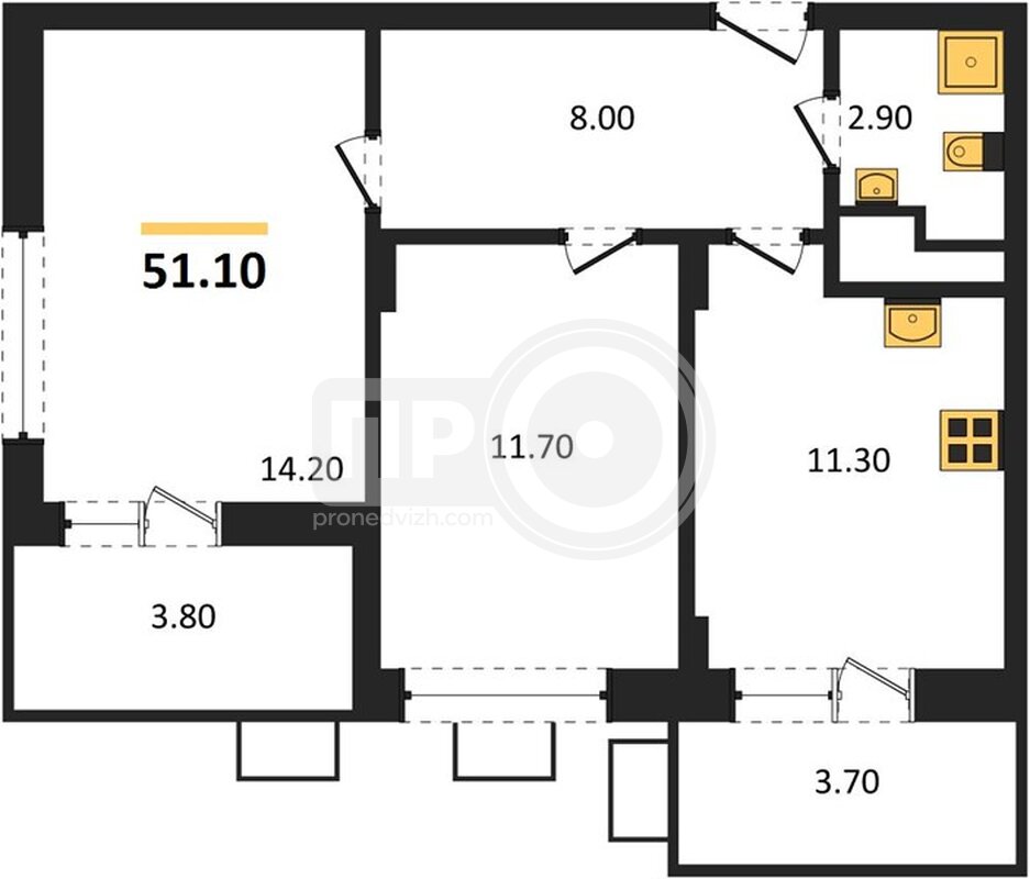 2-комнатная квартира, 51.1кв.м