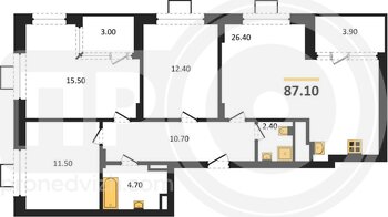 Миниатюра 3-комнатная квартира, 87.1кв.м