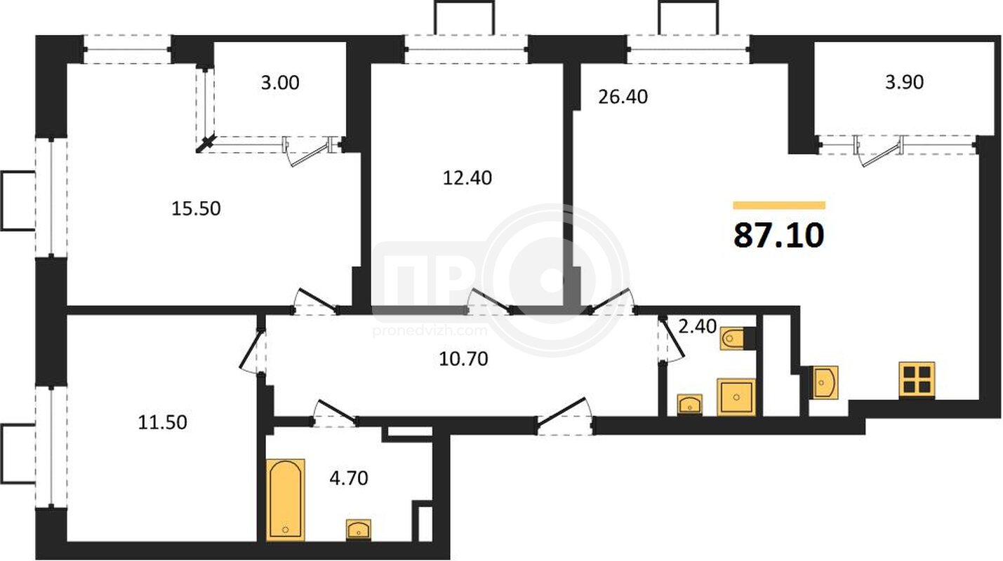 3-комнатная квартира, 87.1кв.м