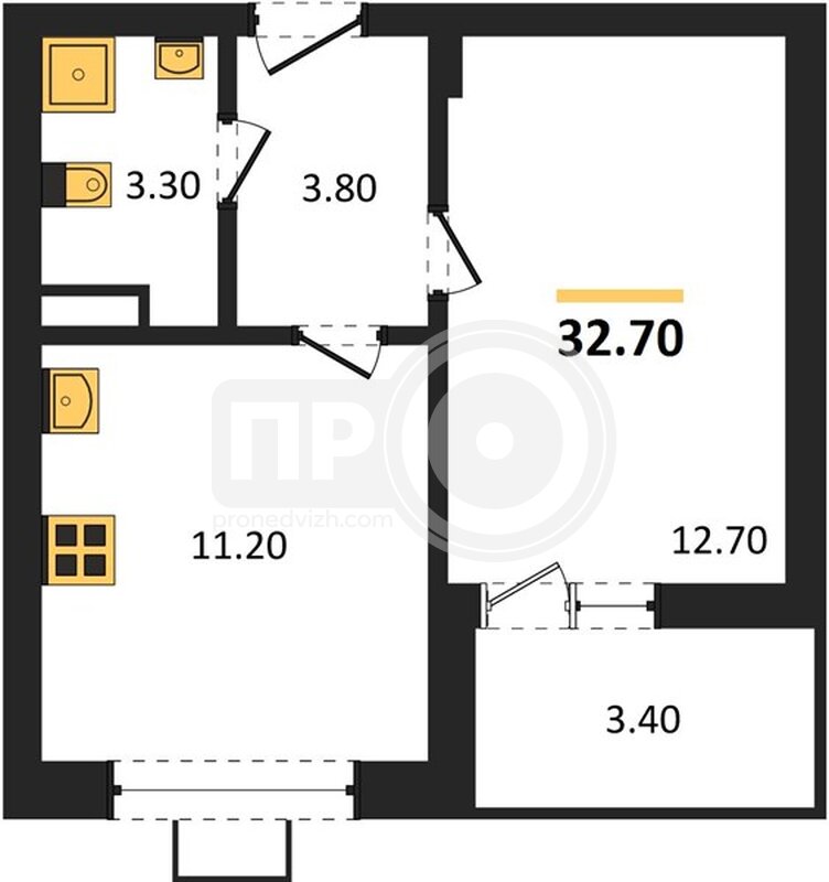 1-комнатная квартира, 32.7кв.м